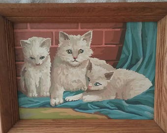 Vintage Paint by Number White Cats, Hard Wood Frame
