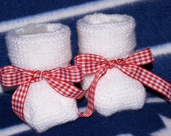 red gingham Ribbon and white baby Bootie