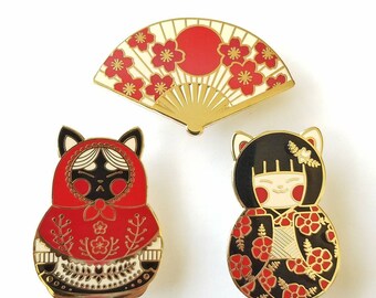 Sakura Cat dolls enamel pin, kokeshi matryoshka pin, graphic sakura flowers pin, japanese inspired pin set, hanami pin