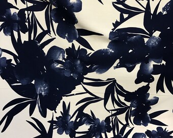 White Blue Floral Crepe Rayon Fabric by the yard