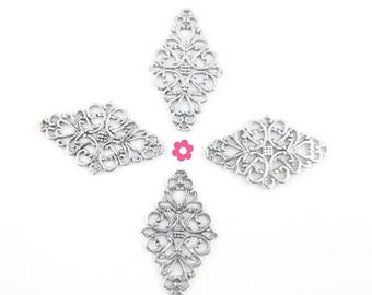 x 4 connector engraving flowers silver 41mm x 25mm (30 d)