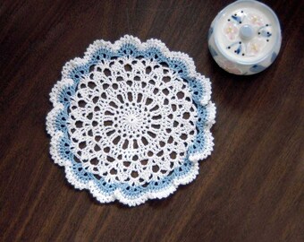 Sea Shells Crochet Lace Doily, Delft Blue, White, 8 Inch Doily, Coastal Decor Beach, Scallop Seashells Beachy Decor, Ruffled, Cottage Chic