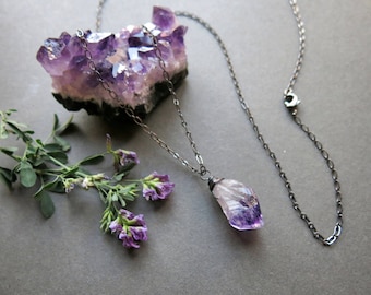 Raw Amethyst Necklace - February Birthstone Necklace - Raw Crystal Necklace - Raw Amethyst Pendant - Raw Gemstone Necklace - Quartz Necklace
