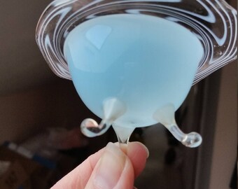 Charming, Tiny, Antique Glass Bowl in Robin's Egg Blue with Drawn Rim, and Three Feet.