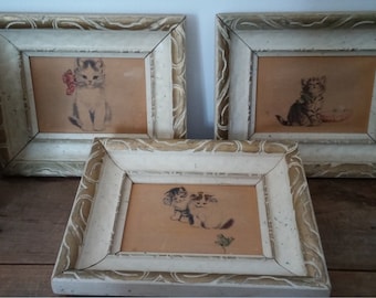 Antique wood frames, kitten illustrations, cats canvas, set of frame, shabby chic, girls room, baby's room, farmhouse decor, antique room