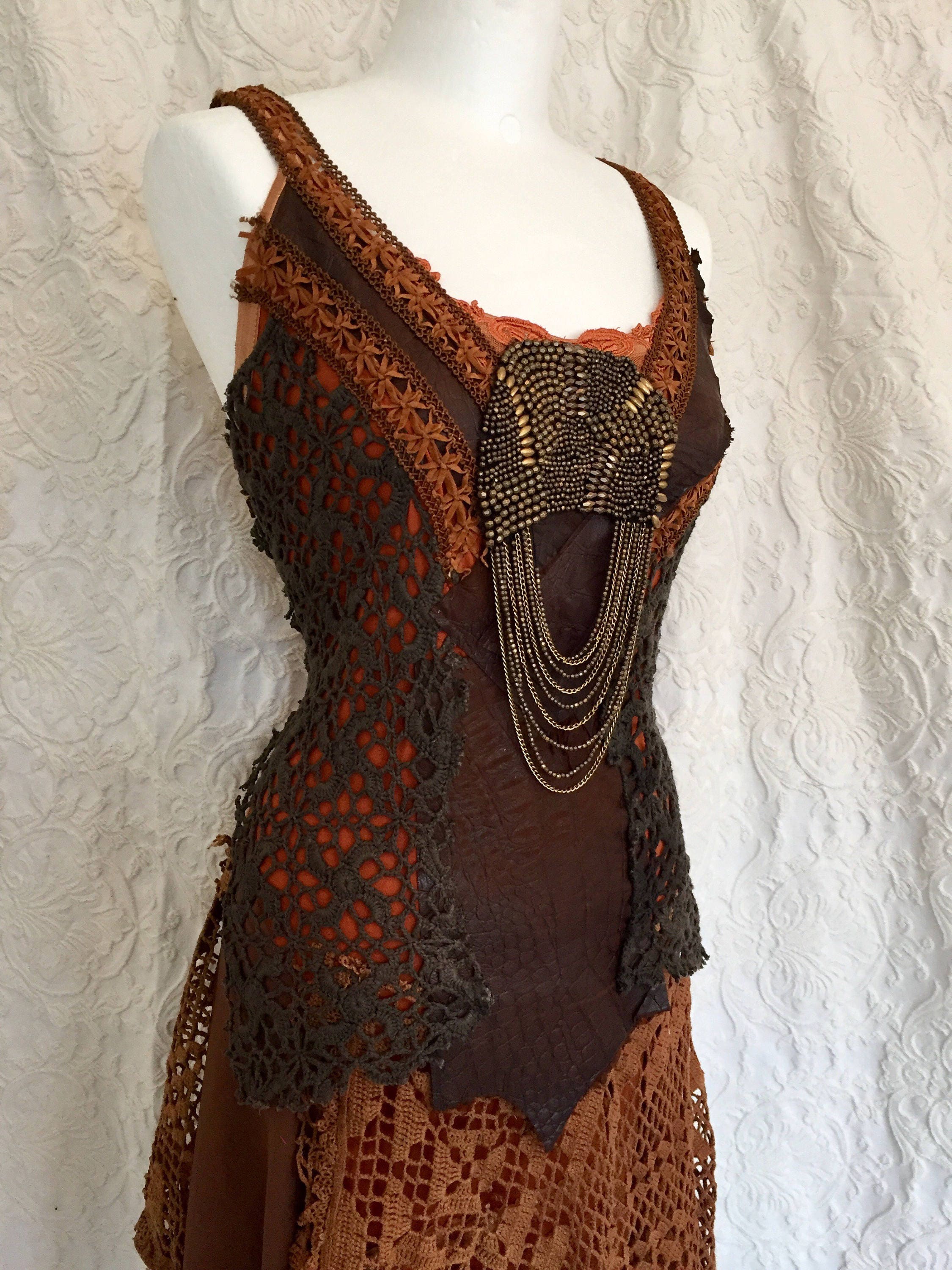Boho dress leather Fairytale burnt orange Statement dress