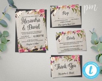 Wedding Invitation Template Set Floral Boho Wedding Invite