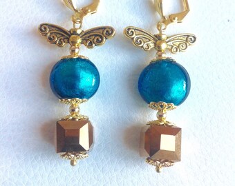 Earrings turquoise blue and gold