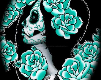 CLEARANCE HALF OFF - 5x7, 8x10, or 11x14 Signed Art Print - Day of the Dead Sugar Skull Girl Portrait Blue Tattoo Flash Roses - Suffer