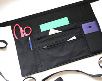 black half apron with pockets - teacher apron - server apron - two zipper pockets - money apron - vendor apron - farmers market apron