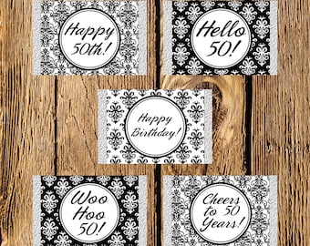 Printable 50th Birthday Black and White Damask Mini Candy Bar Wrappers - Instant Download