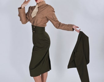 Pinup Military Pin Up Army Outfit Steampunk Skirt Cropped Jacket Shirt & Tie Garrison Wedge Cap Hat Cosplay Costume Custom Size Plus