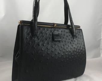 Vintage 1960s Lucille De Paris Handbag Purse Structured Ostrich Black