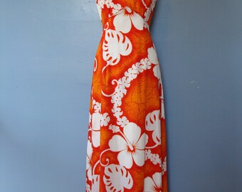 Vintage Hawaiian Dress 70's Tropical Floral Maxi Dress Tiki Luau Royal Hawaiian Barkcloth Size 12 Cotton Hibiscus Flowers Orange White 1970s
