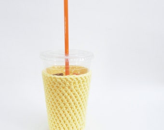 yellow cozy. iced coffee cozy. Crochet coffee cozy. yellow cup cozy. Cotton cup sleeve. Eco friendly cup jacket. Summer drink cozy.