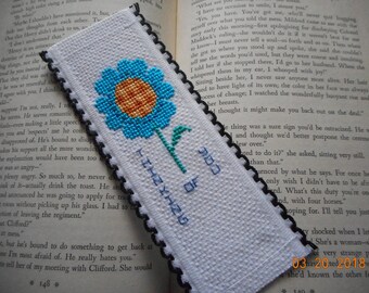 Thinking Of You Bookmark, blue flower, cross stitch bookmark, aida riband bookmark