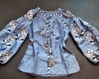 Amazing linen blouse for women White roses embroidery Denim blouse Ukrainian embroidery Vyshyvanka style Floral blouse