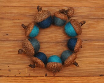 Blue Felted Acorn Ornaments, Set of 9, also available without hangers