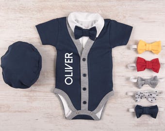 Baby Boy Coming Home Outfit, Personalized Short Sleeve Navy Cardigan, Bodysuit, Hat & Bow Tie Set, Baby Boy Clothes, Baby Boy Gift