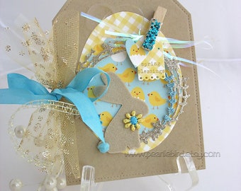 Shabby Chic Bunny Rabbit Card~arty tag shape card~baby shower card~velveteen rabbit~Easter Bunny~pink~green~blue~yellow~lavender~coral~kraft