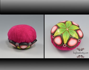 Pincushion, Fuchsia Pink Polymer Clay, Hand-Dyed Cotton