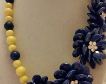 Navy Blue and Yellow Necklace Yellow and Navy Blue Necklace One Of A Kind Necklace Bridesmaid Necklace Bridesmaid Gift Jeweled Necklace Gift
