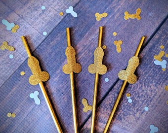 Set of 10 + bachelorette gold party straws. Penis straws. Bachelorette party// girls night out// funny party decor // glitter and gold