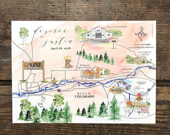 Custom Wedding Maps, Personalized Wedding Maps, Watercolor Wedding Maps, Map Illustration, Hand Painted Guest Map, Hand Drawn
