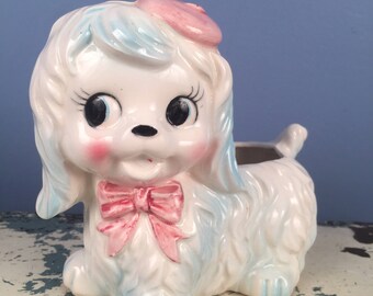 Vintage dog planter, dog planter, kitschy dog planter, pink and blue dog, french dog with beret