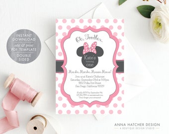 Minnie Mouse Invitation, Editable Birthday Invitation Template, Pink Minnie Mouse Birthday Party DIY Printable, PDF Instant Download BDAY1