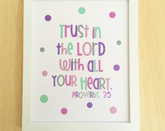 Printable Christian Wall Art, Bible Verse Print, Trust in the Lord, Proverbs 3:5, Scripture Quote, Purple Wall Art, Dorm Room Decor 8x10.