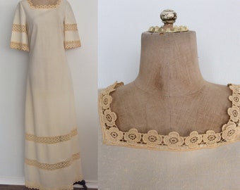 1970's Cream Crochet Maxi Dress Vintage Hippie White Dress Size Medium by Maeberry Vintage