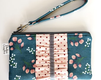 Fabric Wristlet Wallet, Smartphone Wristlet, Clutch Strap, Ruffle Wristlet Wallet, EO Pouch, Ruffled Zipper Pouch, Wristlet for Women