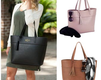 Monogrammed Vegan Leather Tote with Tassel | Black Faux Leather Tote Bag | Monogrammed Camel Handbag | Monogram Blush Pink Purse
