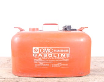 Vintage OMC Accessories 6 gallon Portable Metal Fuel Gas Tank / Orange Antique Gas Can / Large Metal Garage Decor / Automotive Collectible