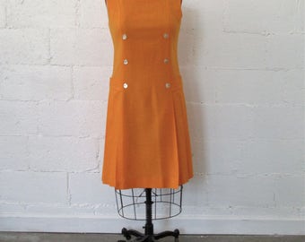 1960s Orange Drop Waist Dress // 60s Tangerine Drop Waist Dress // Vintage Drop Waist Pleated Skirt Dress