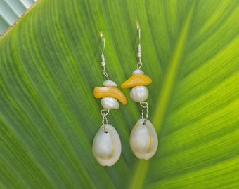 Silver Fishhook Earwires with Beached Shell and Yellow and White Shell Pieces