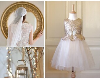 Pale Gold Ivory Tulle Flower girl Dress Wedding Winter Bridesmaid Communion Christmas Sparkle Sequin Pageant Party Bridal White