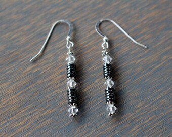 Hematite Earrings, Crystal Earrings, Womens Swarovski Earrings, Edgy Earrings, Boho Glam Gemstone Earrings, Gift for Her, Hematite jewelry