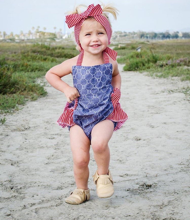 Baby Girl Romper nautical ropes and stripes romper and head