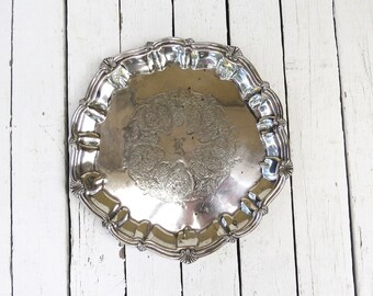 Round Silver Tray, Vintage Platter, Ornate Tray, Holloware, Dining Decor, Serving Piece, Silver Plate Old Tray, Footed Tray, K Monogram