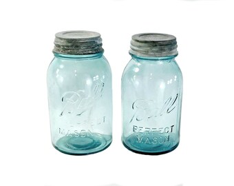 Two Vintage Blue Mason Jars, Ball Perfect Mason Quart Jars with Zinc Lids, Farmhouse Style, 1910-1933, Vintage Ball Jars, Storage Jars , J6