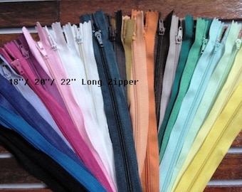 Wholesale Lot of 24 - 18, 20, 22 inch long assorted random color Nylon zippers, sewing supplies
