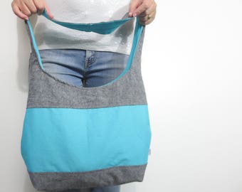 Color block hobo bag. ready to ship and on sale. large shoulder purse in black/deep gray linen blend accented with aqua.