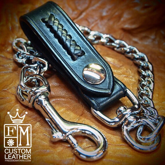 Black Leather wallet chain American bridle leather and braided Kangaroo lace 20" Flat link chain Made for YOU in USA by Freddie Matara