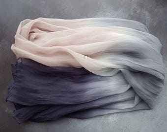 Hand dyed silk scarf | silk chiffon scarf | ombre silk scarf | degrade silk scarf | blue grey silk scarf | wedding scarf