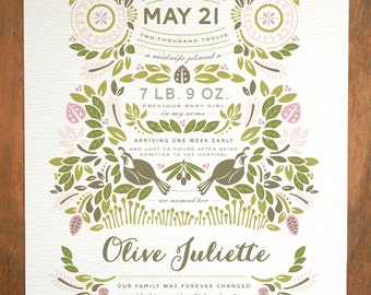 Birth Story Print - Other color styles available - Modern, Contemporary (Flora & Fauna)