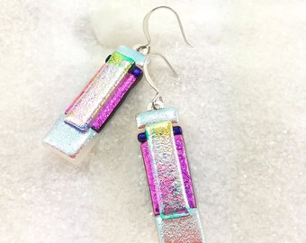 Dichroic fused glass earrings, fused glass art,dichroic jewelry, Hana Sakura, rainbow earrings, handmade jewelry, artistic earrings,dichroic