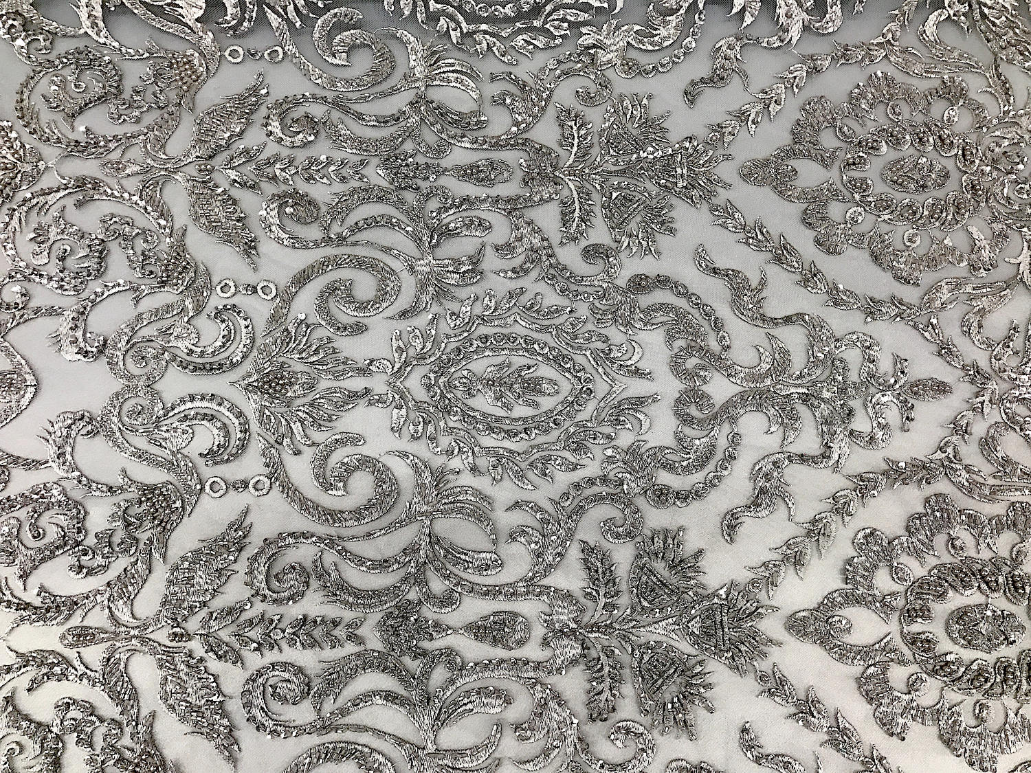 Silver Embroidered & Heavily Beaded Lace Fabric Available By