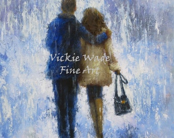 Rain Romance Art Print lovers in rain loving couple walking